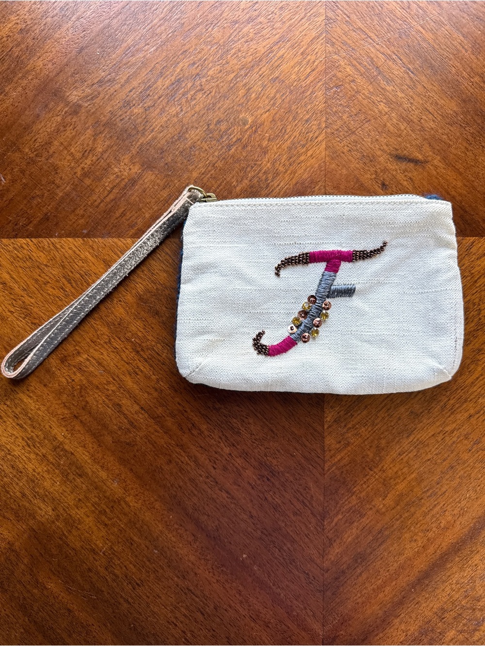 Anthropologie Miss Albright Wristlet Pouch Embroidered with "F" monogram